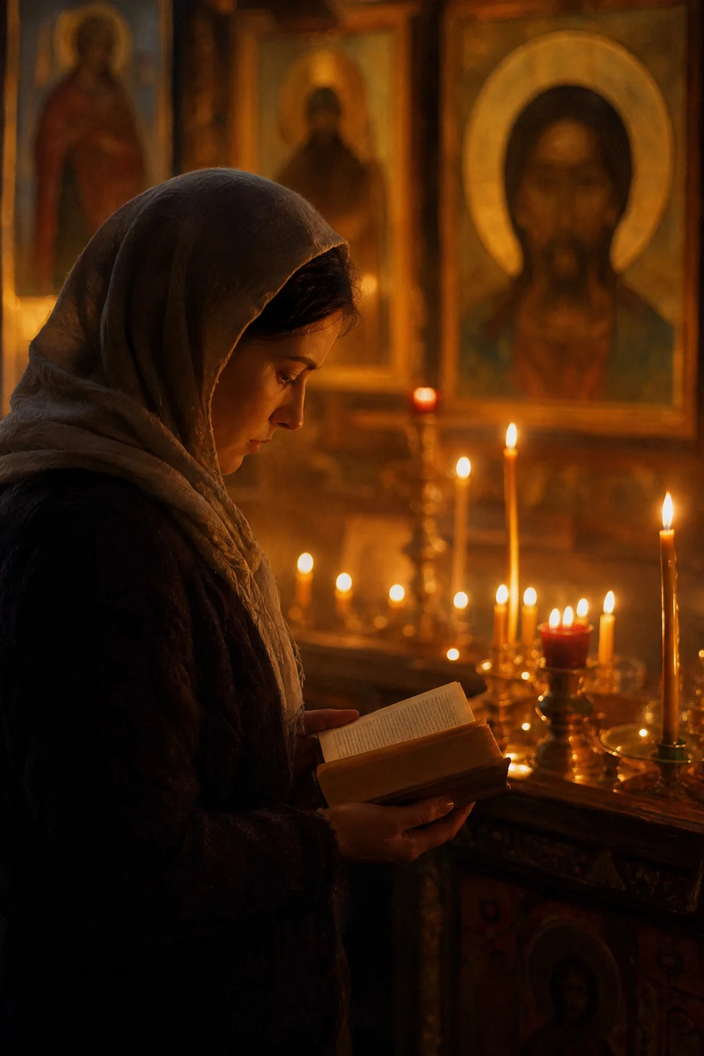 Человек читает молитвослов у иконы при свечах