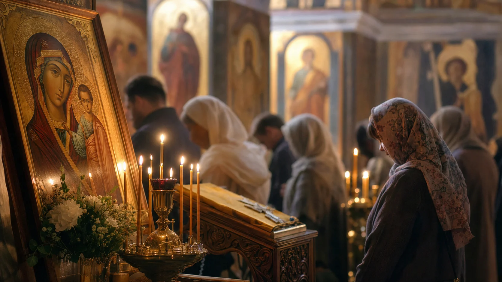 Молебен в православном храме — горящие свечи у аналоя с иконой, мягкий тёплый свет