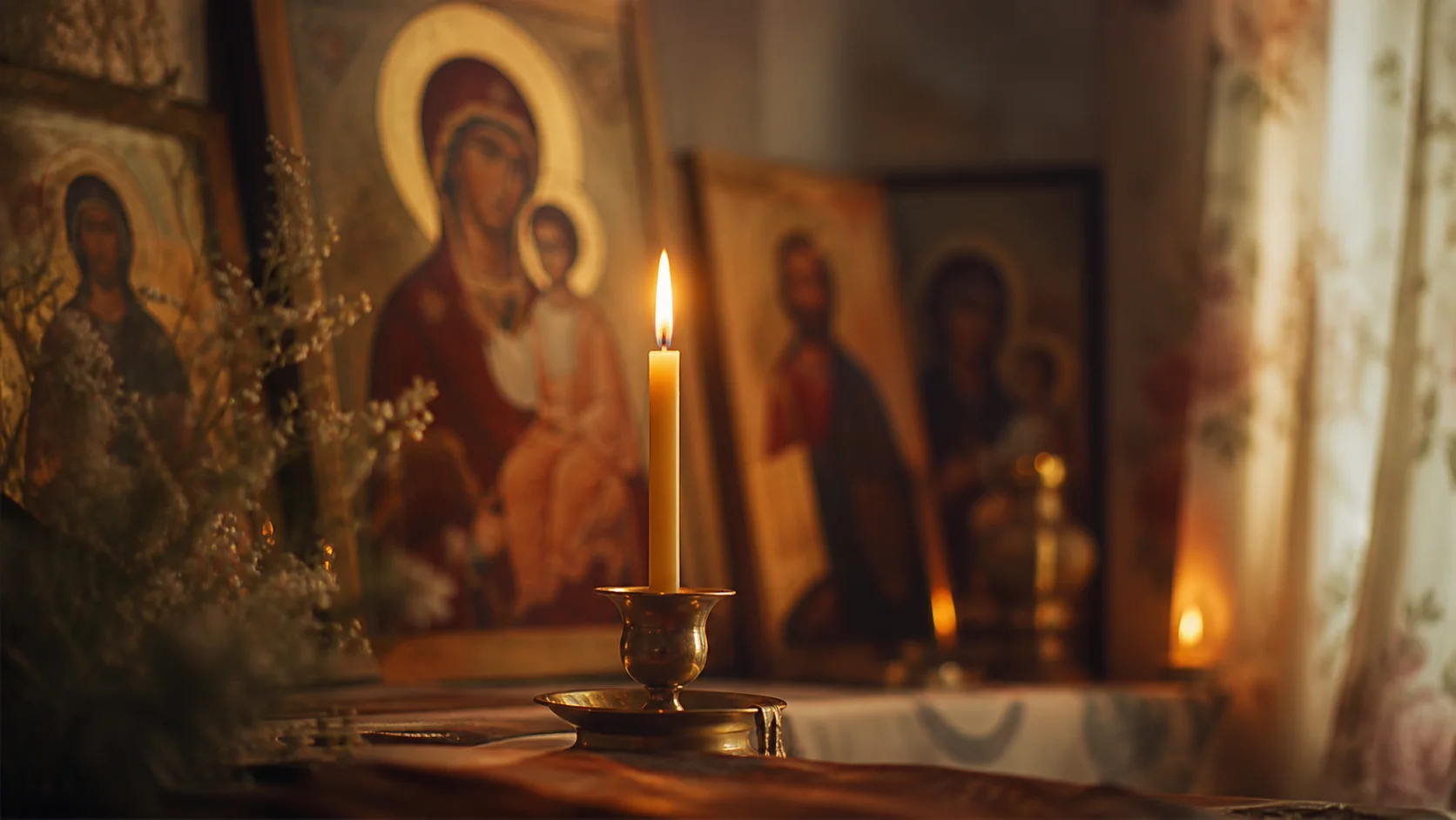 Молящийся человек перед иконой в свечном свете