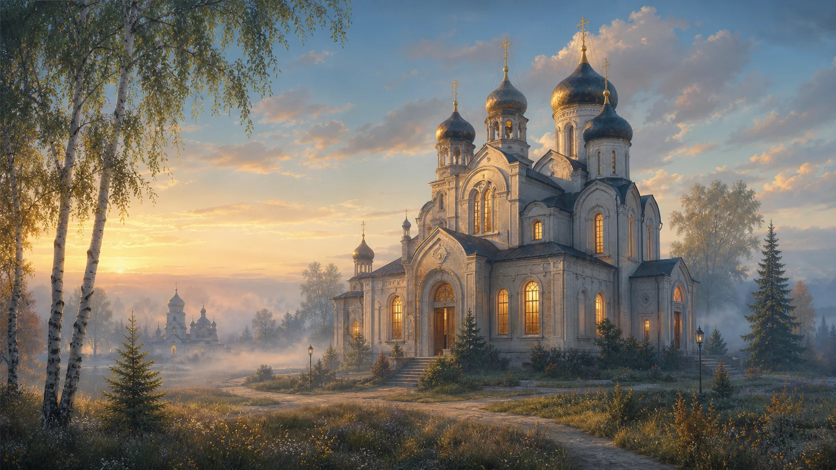 Православный храм снаружи в утреннем рассветном свете, туман над землёй, природа вокруг, пастельные голубые и золотистые тона, без людей и надписей на изображении