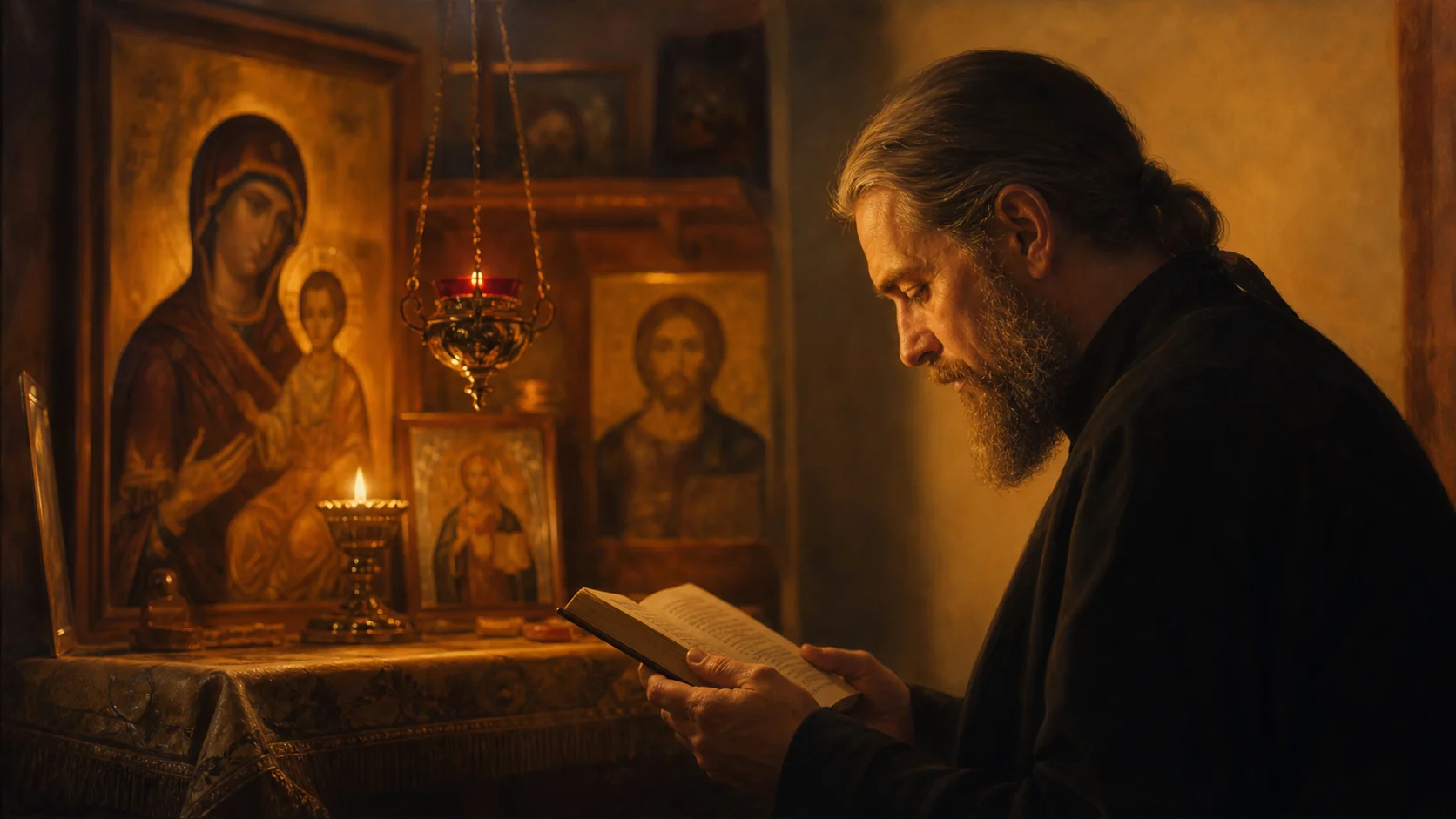 Человек читает молитвослов перед иконой