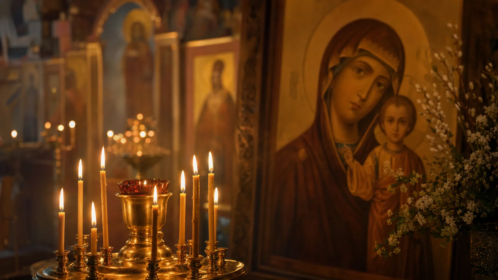 Свечи перед иконой Богородицы