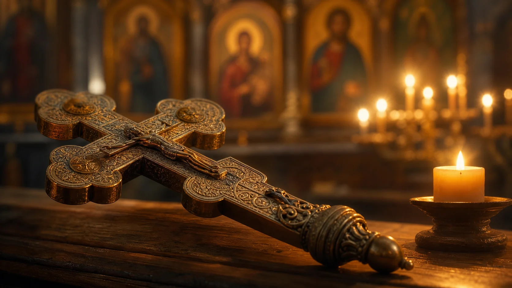 Православный крест на деревянном столе у горящей свечи