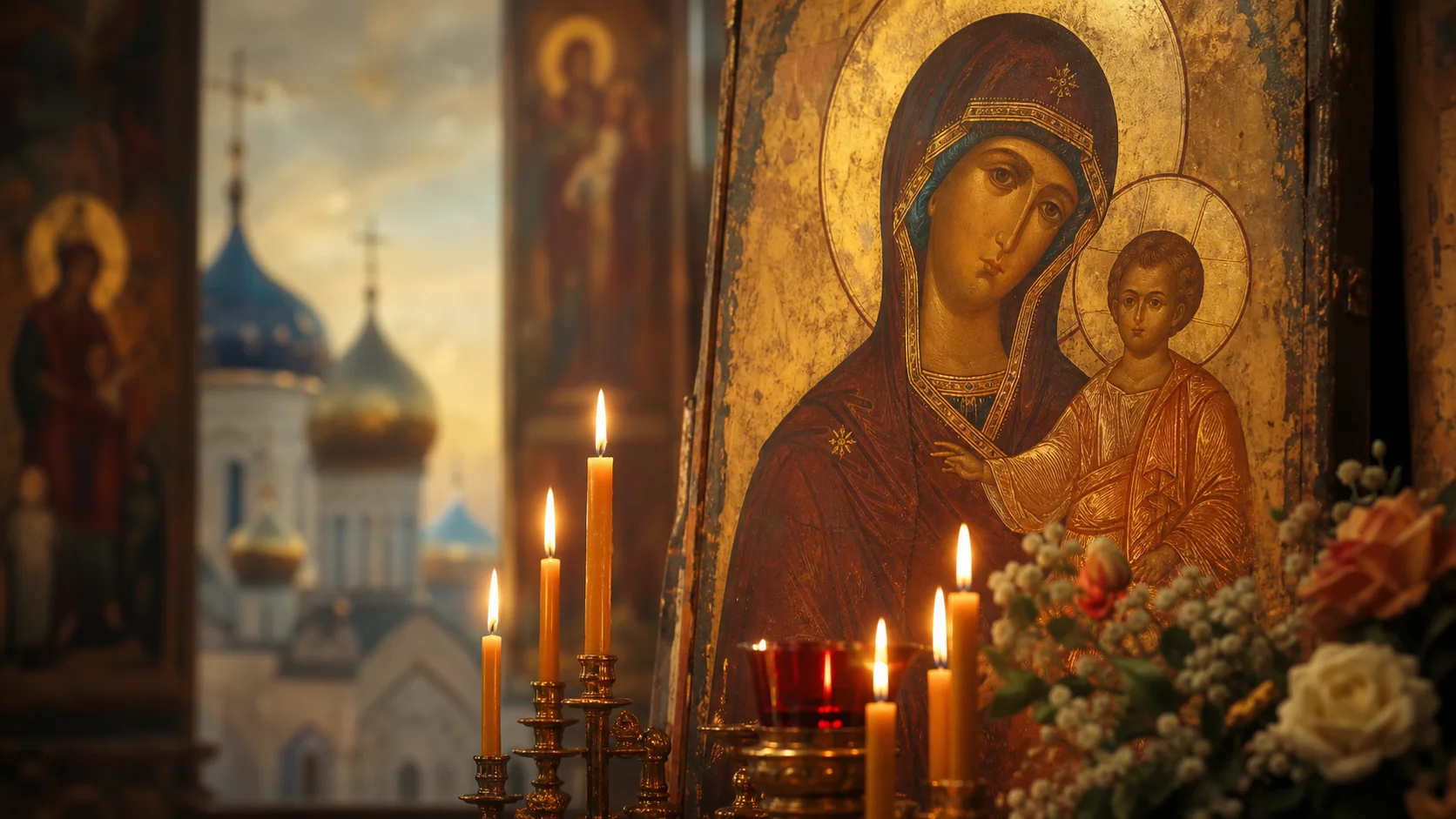 Икона святителя Спиридона с горящей свечой на фоне храма