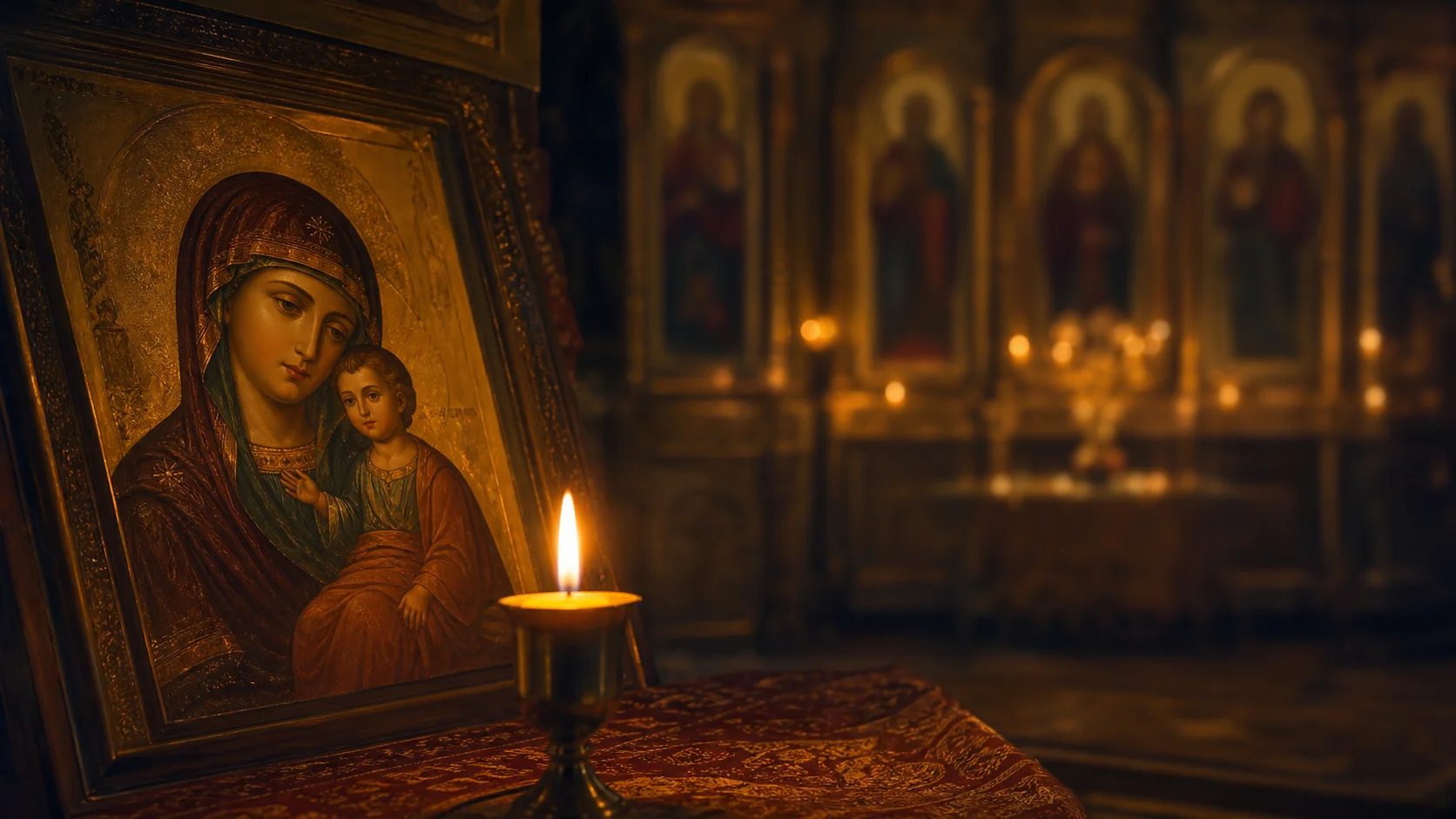Свеча перед иконой в православном храме, мягкий золотистый свет