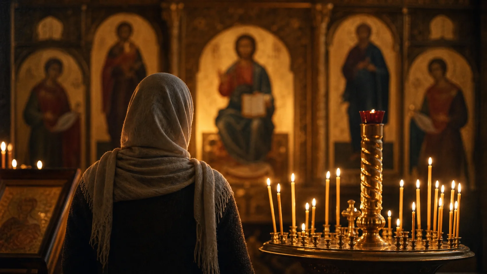 Верующий человек молится перед иконой при свете свечей, вид со спины, православный интерьер, тёплые золотистые тона, покой и благоговение
