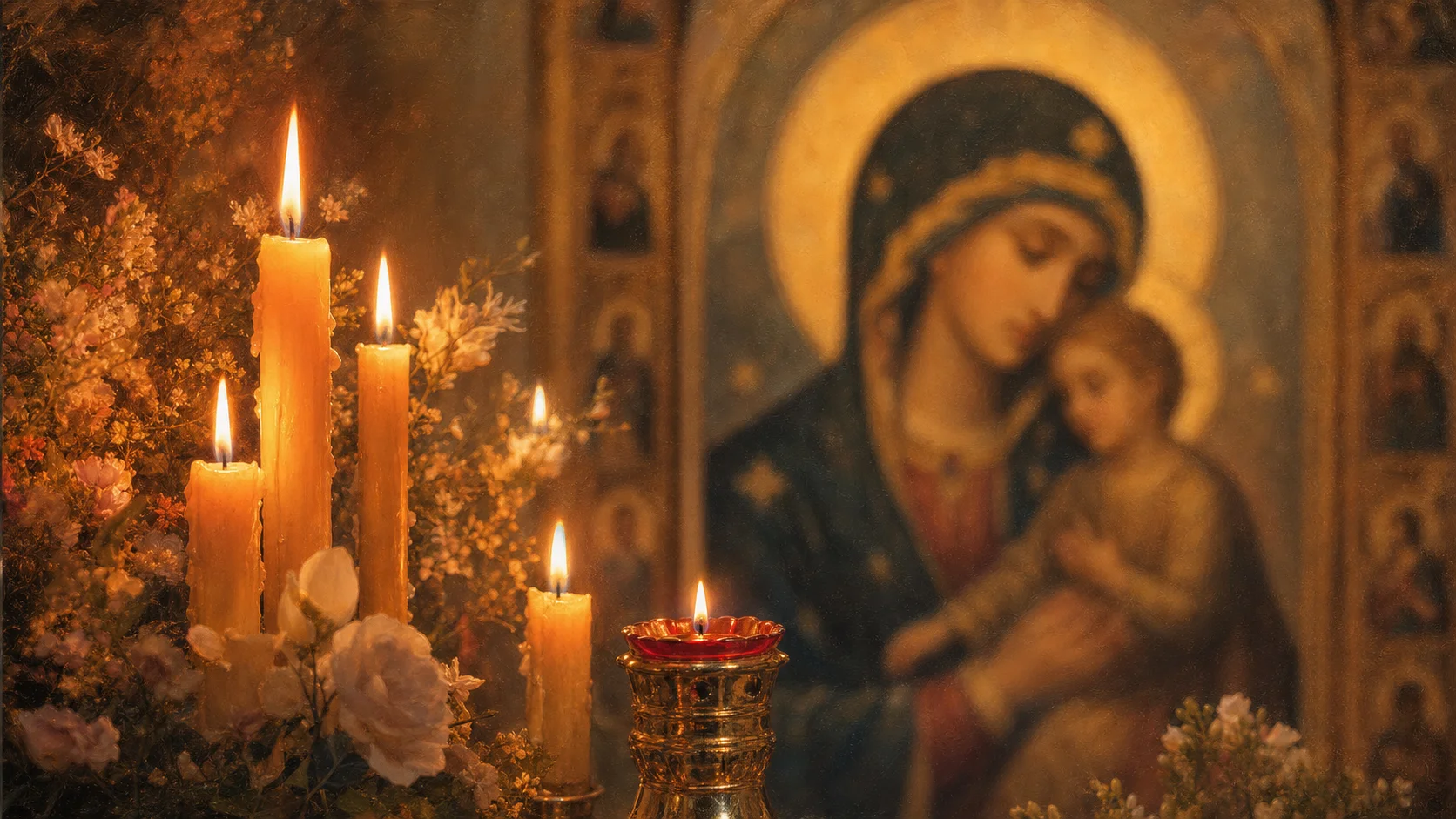 Свечи перед иконой Богородицы