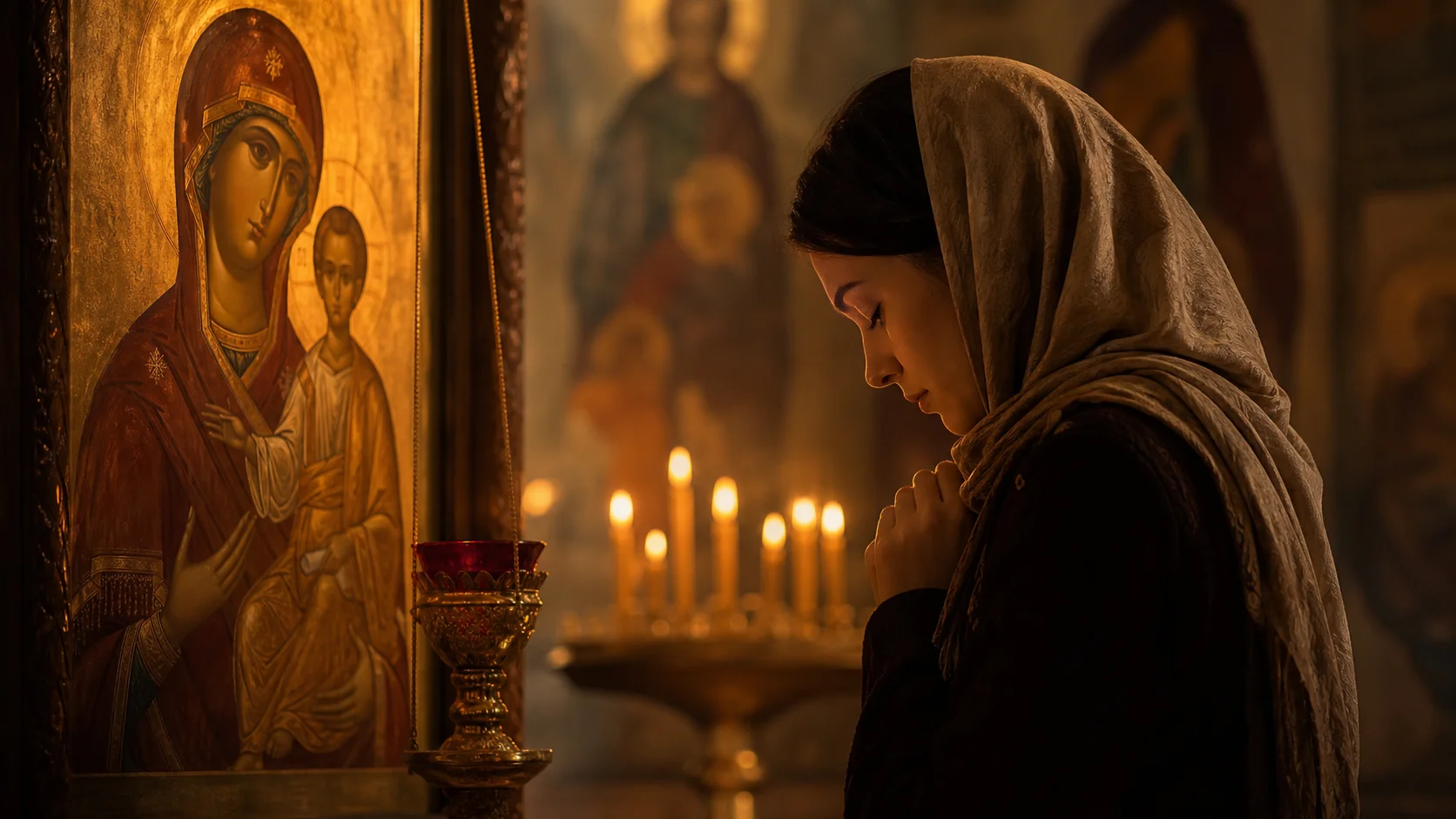 Молящийся человек перед иконой в храме