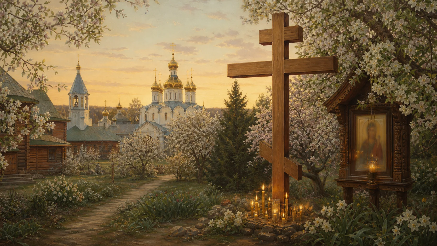 Весенний монастырский сад с деревянным крестом, цветущие яблони, золотые купола вдалеке, без текста, пастельные тона