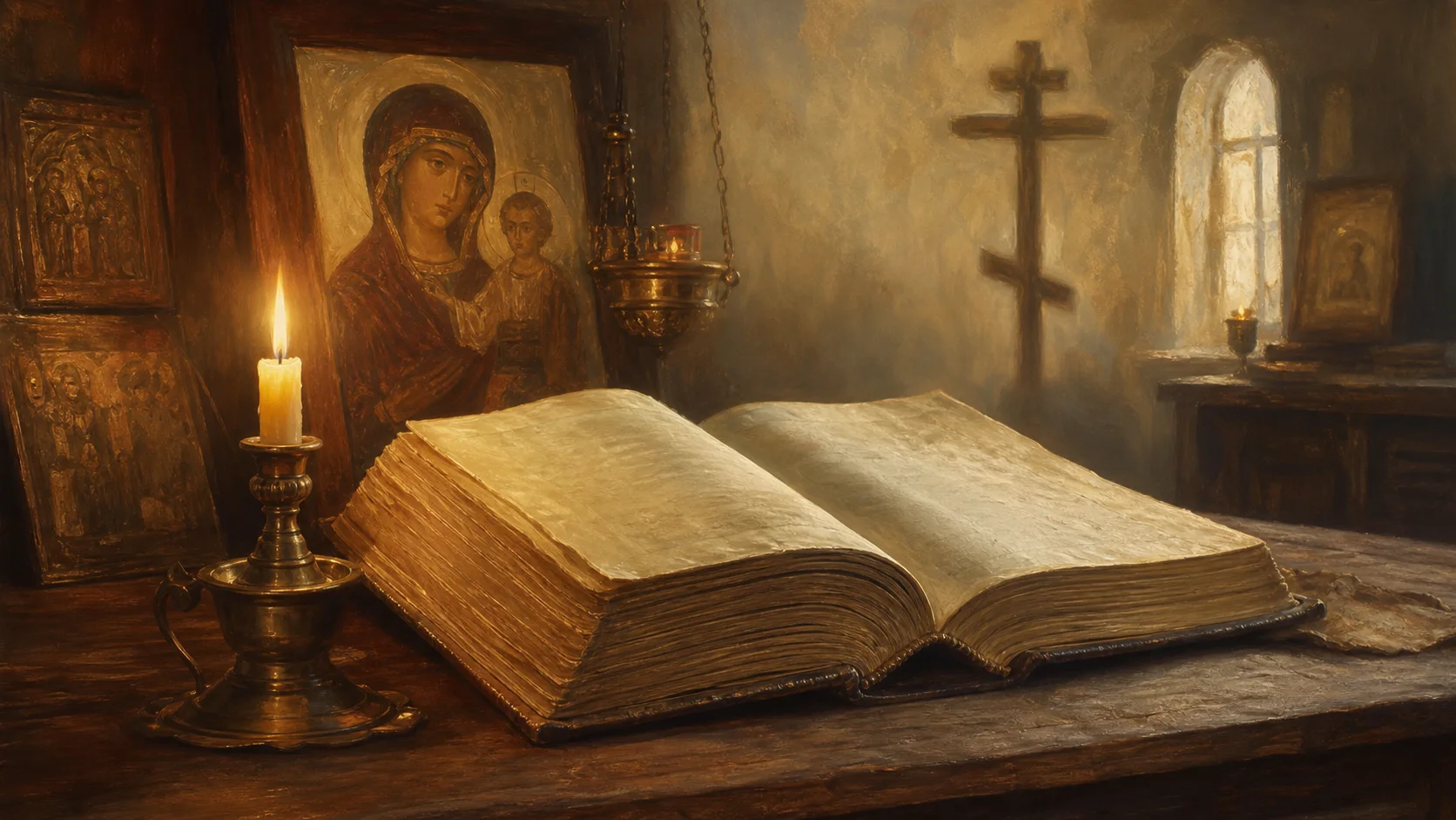 Открытая православная молитвенная книга со свечой