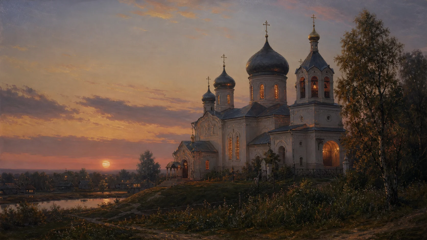 Православная мать молится перед иконой в храме, свечи, тёплый золотистый свет, без текста и надписей